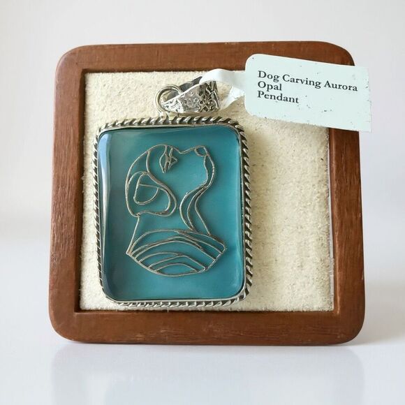 Aurora Opal Dog Carving Pendant Necklace – Sterling Silver Elegance - Picture 1 of 7